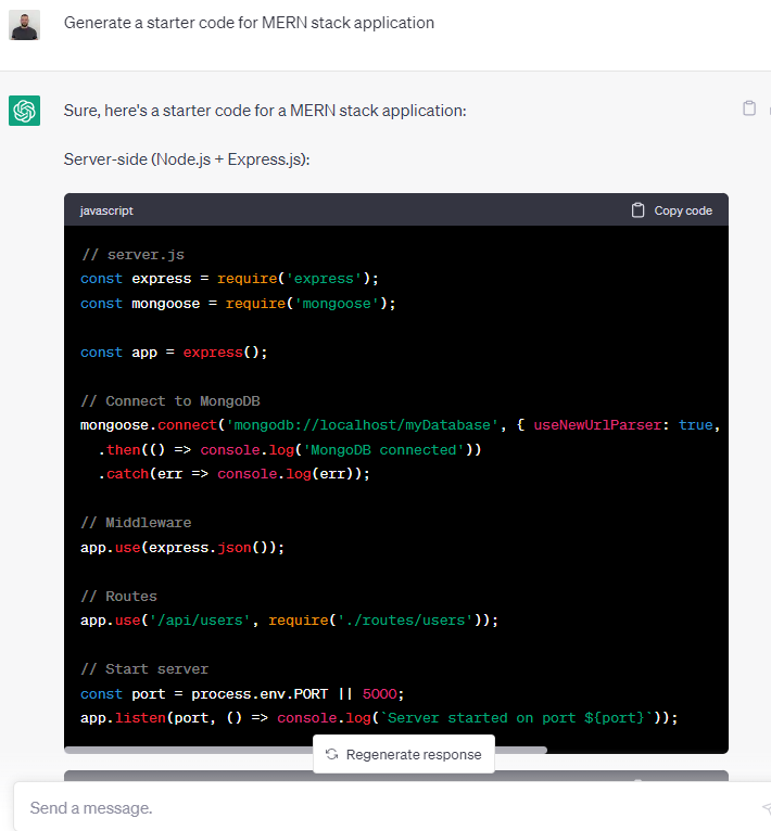 ChatGPT prompt for generating starter code for MERN stack app