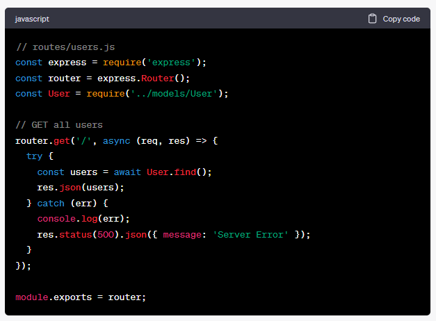 ChatGPT output for generating starter code for MERN stack app