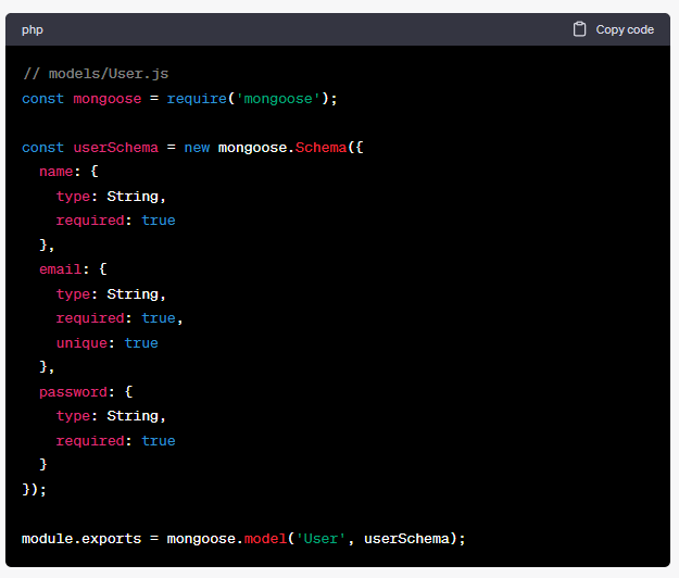 chatGPT output for generating starter code for MERN stack app