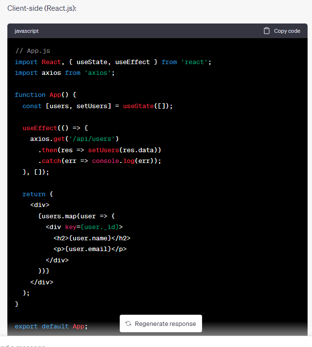 chatGPT output for generating starter code for MERN stack app