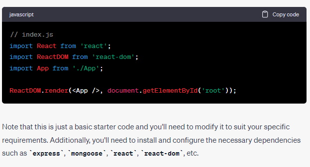 chatGPT output for generating starter code for MERN stack app