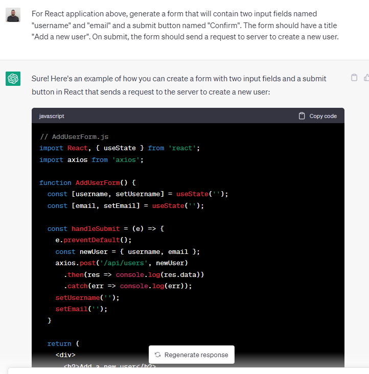 asking ChatGPT prompt to add a form to our React app for adding new users