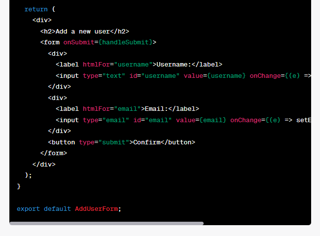 ChatGPT output on prompt to add a form to our React app for adding new users