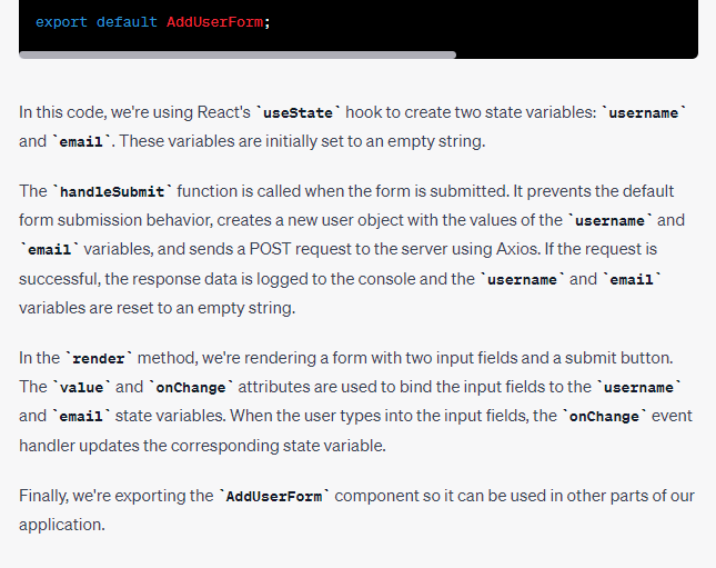 ChatGPT output explanation on prompt to add a form to our React app for adding new users