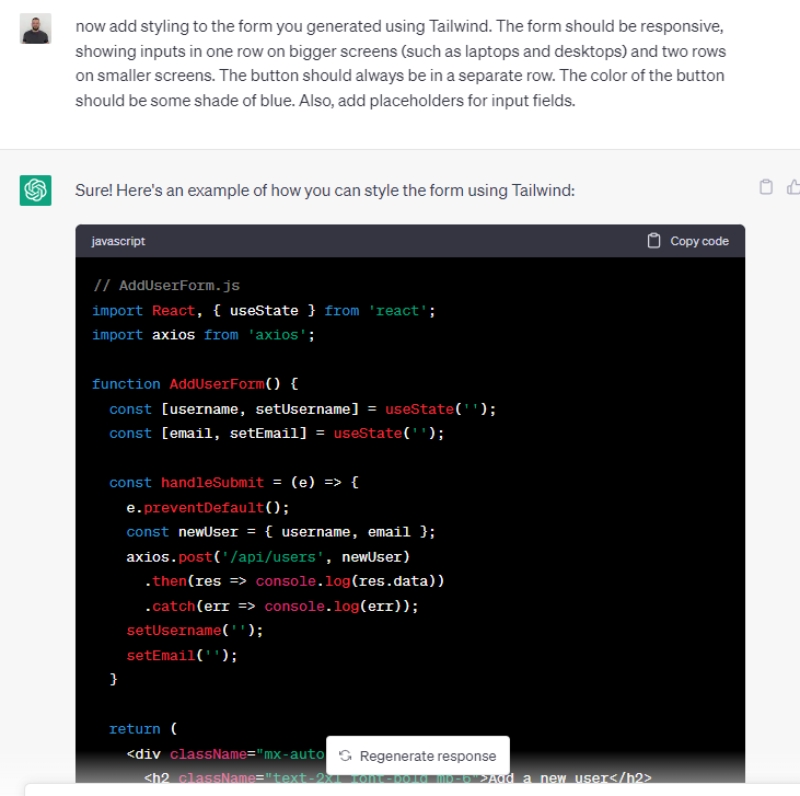 asking ChatGPT to add styling using Tailwind CSS and placeholders for input fields
