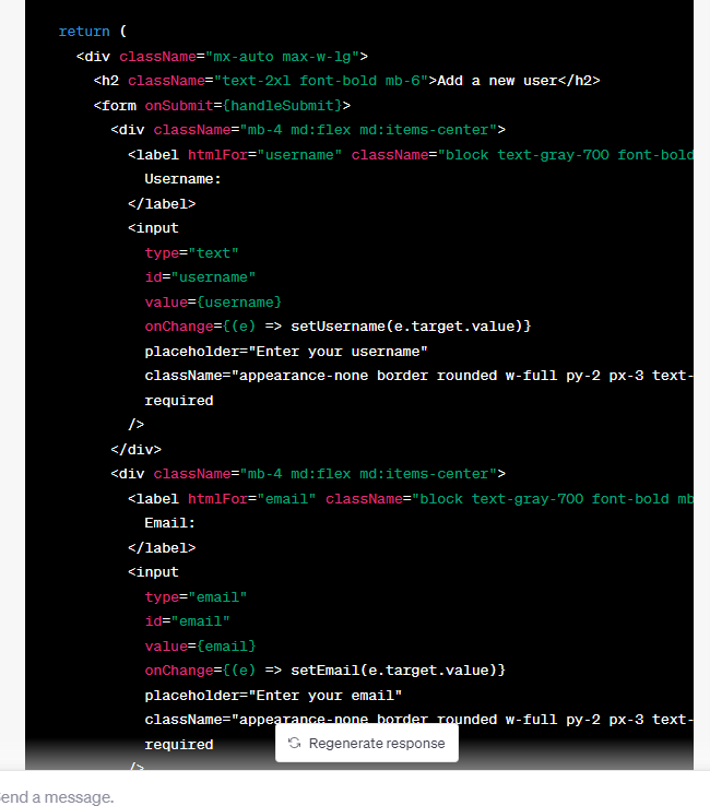 ChatGPT adding styling using Tailwind CSS and placeholders for input fields