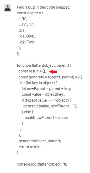 ChatGPT finding a bug in the code snippet