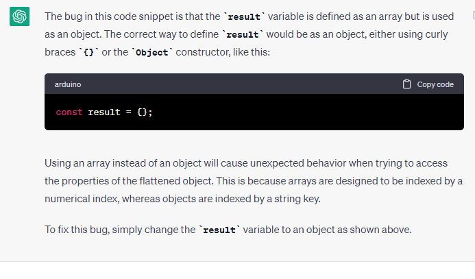 chatGPT code debbuging response