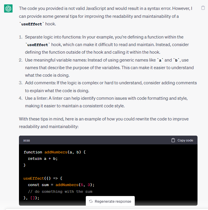 chatGPT code review output