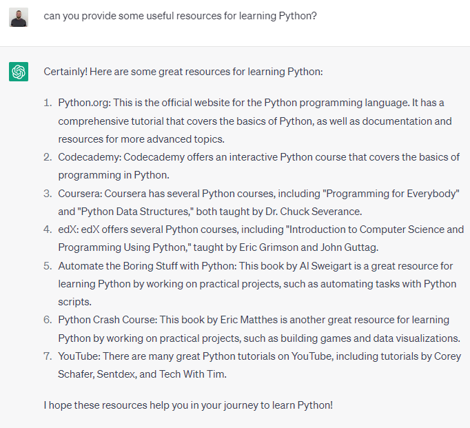 Asking chatGPT to provide useful resources for learning Python