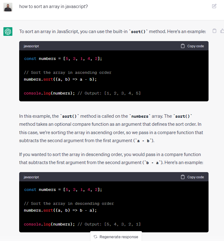 Asking ChatGPT how to sort an array in JavaScript